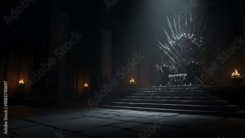 A majestic and imposing fantasy throne, intricately crafted from sharp blades, dominates a grand, dimly lit royal hall, evoking an atmosphere of ancient power and legendary dominion