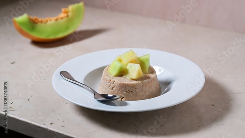Shallow plate with bogobe jwa lerotse (sorghum porridge with lerotse/melon) in a modern plating style
