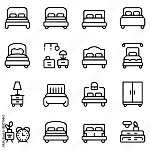 Qualityful Bedroom and bedding line icon set