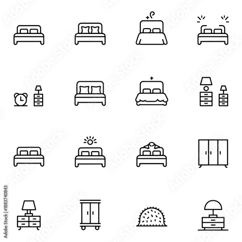 Qualityful Bedroom and bedding line icon set