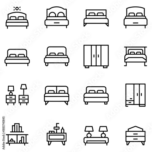 Qualityful Bedroom and bedding line icon set