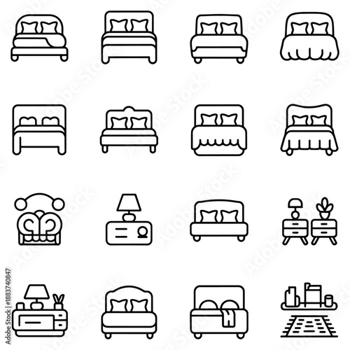 Qualityful Bedroom and bedding line icon set