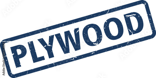 Isolated Dark Blue Distressed Plywood Rubber Stamp on White Background, Rectangular Border Shape