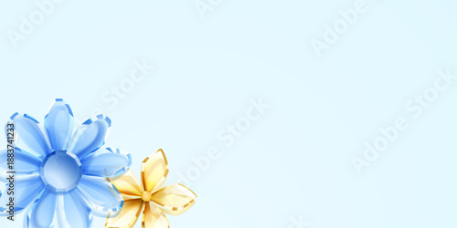 Illustration of blue and yellow crystal flowers on empty pale blue background with copy space.