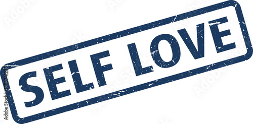 Distressed Blue Stamp Featuring Self Love Text, Angled on White Background for Positive Affirmations