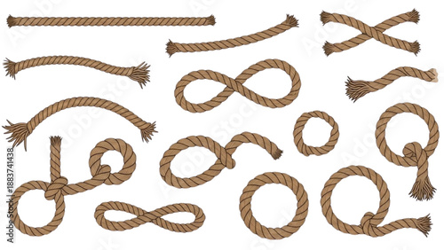 Diverse illustrations of robust twisted ropes in various shapes and strong knots, perfect for nautical and utility designs
