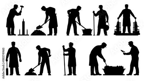 Dynamic Silhouettes of Tradesmen and Laborers Engaging in Traditional Industrial Work and Crafts