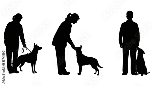 Silhouette people with dogs training and interacting