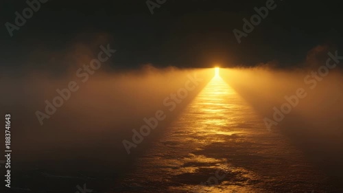 Golden pathway ocean horizon fog sunrise reflection water beam dramatic calm golden beam of light through mist over water leading to bright doorway atmospheric moody scene with reflection and mystery