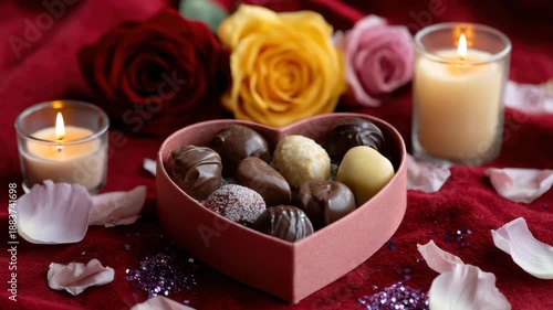 Heart shaped box of assorted chocolate truffle on red velvet with rose petals candlelit romantic roses and lit candles creating warm intimate cozy dessert atmosphere