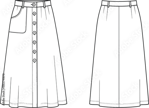 Women button front midi skirt technical fashion sketch front and back view high waist apparel template vector illustration for clothing design