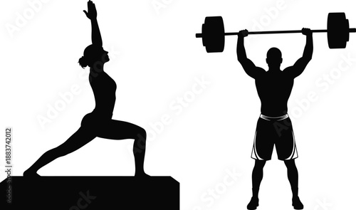 Yoga warrior pose and weightlifting athlete silhouettes representing fitness strength balance training isolated on white background modern vector illustration