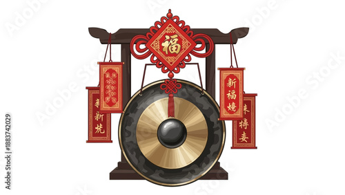 Traditional Chinese gong hanging from a wooden stand with red decorations.