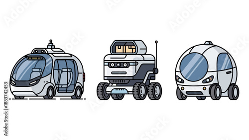 Collection of Autonomous Vehicles and Delivery Robots Operating in a Futuristic Smart City Environment - Digital Illustration Concepts