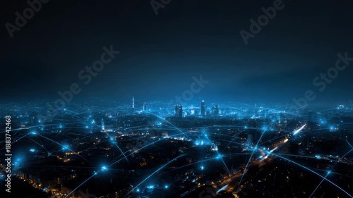 Connected smart city night skyline glowing blue network linking buildings lights data connectivity communication futuristic digital grid urban network