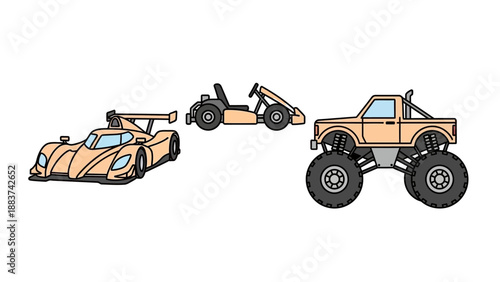 Dynamic Illustration of Diverse Recreational and High-Performance Vehicles: Race Car, Go-Kart, and Monster Truck on Black Background