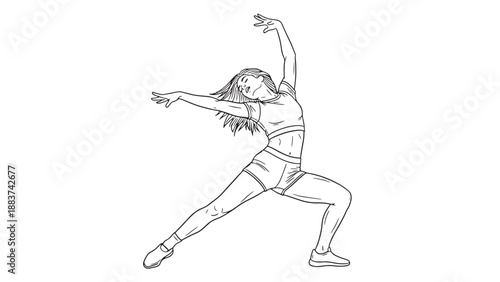 Professional female athlete performing expressive modern dance movements for fitness wellness programs and creative arts business marketing resources.