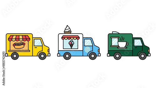 Colorful Illustration of Various Mobile Food Trucks Offering Street Food, Desserts, and Beverages
