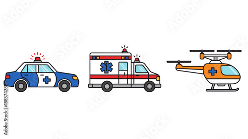 Cartoon illustration of emergency vehicles including a police car, ambulance, and rescue helicopter for rapid response services
