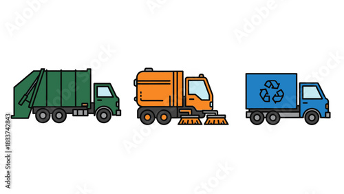 Collection of Urban Utility Vehicles Illustration Side View of Waste Management, Street Sweeping, and Recycling Trucks