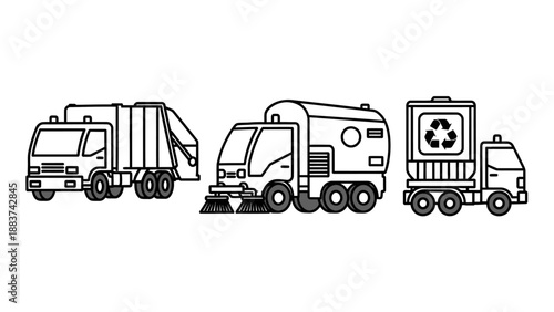 Collection of essential urban utility vehicles for waste management and environmental cleaning, side view graphic illustrations