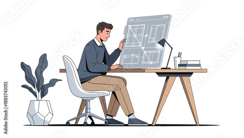 Man working on computer with architectural design on screen