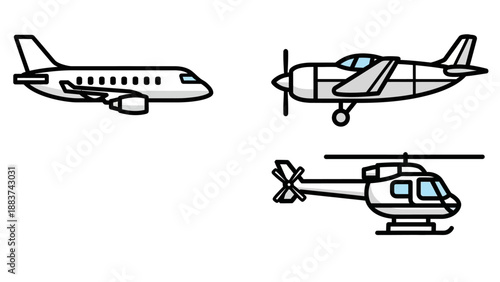 Collection of Stylized Aircraft Illustrations: A Modern Jet, Propeller Plane, and Helicopter for Air Travel Concepts