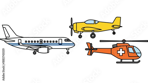 Side View Illustration of Diverse Aircraft: Commercial Airplane, Small Propeller Plane, and Emergency Helicopter