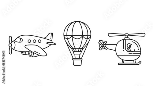 Set of various air transport vehicles in simple outline style: airplane, hot air balloon, and helicopter icons for travel and adventure concepts.