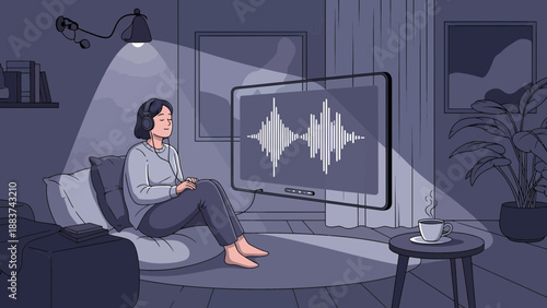 Woman listening to audio on computer at home