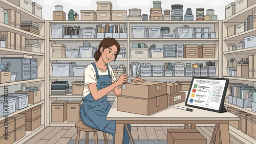 Woman packing boxes in a storage room with shelves