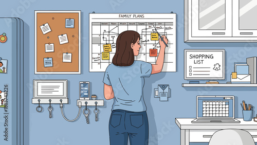 Woman planning family schedule on wall calendar board