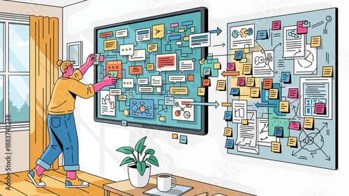 Woman planning project on large boards with sticky notes