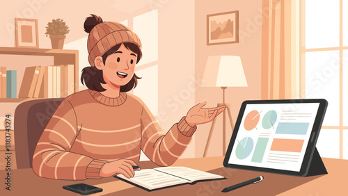 Woman presenting on computer with notebook and pen