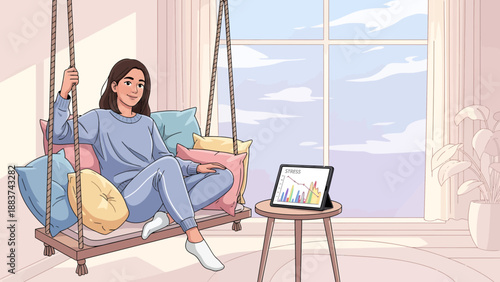 Woman relaxing on swing chair at home with laptop