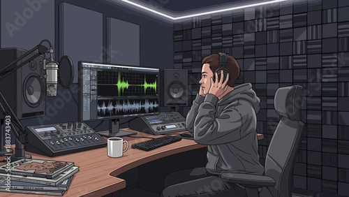 Young man working in a recording studio with audio equipment