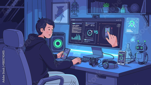 Young man working on computer with virtual interface