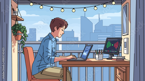 Young man working remotely on balcony with city view