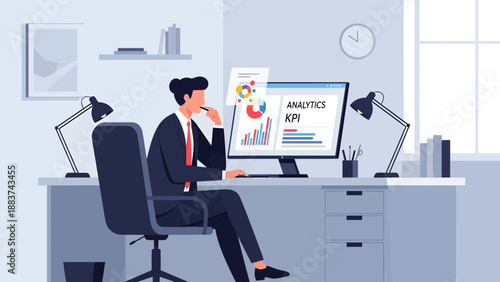 Businessman Analyzing Data on Computer Screen in