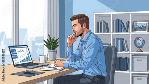 Businessman analyzing data on laptop in setting