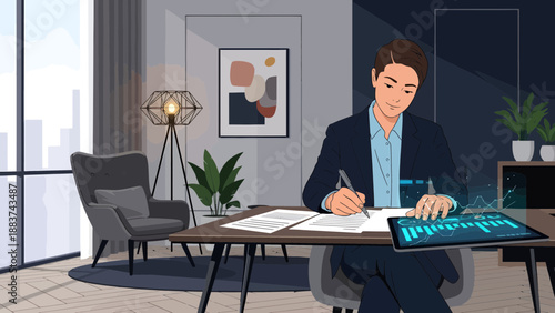 Businessman working on digital tablet in modern