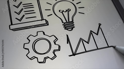 A hand draws business concept icons including a checklist a lightbulb and a gear with a pen on paper