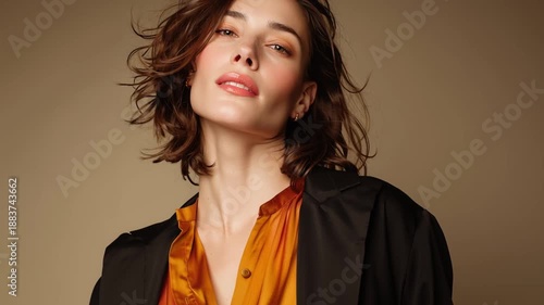 A young woman with shoulder length hair poses in front of a brown background wearing an orange shirt and black blazer