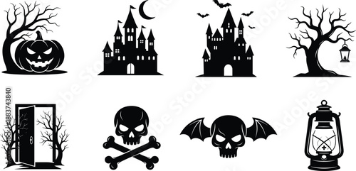 Halloween spooky silhouette icon set with haunted castle pumpkin skull bat lantern tree door vector illustration collection