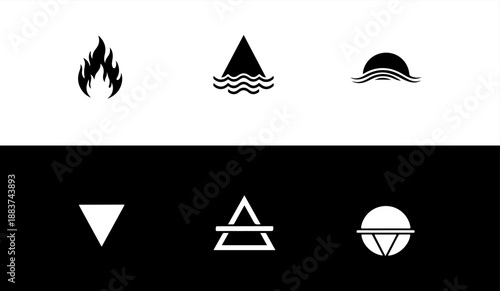 Collection of six unique geometric symbols in black and white