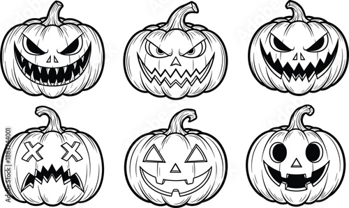 Set of scary Halloween pumpkin faces silhouettes spooky jack o lantern expressions horror autumn holiday vector illustration collection