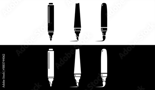 Set of different types of pens and pencils in black and white