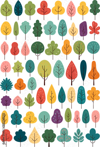 A colorful pattern of stylized, flat-design trees in various shapes and autumn colors like green, orange, yellow, and purple, arranged in neat rows on a white background