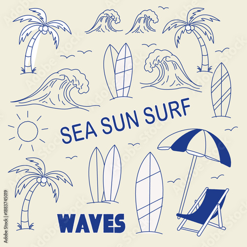 Hand drawn doodle illustration of beach and surf elements for summer vacation.