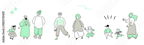 ファミリー＆元気なキッズ｜グレー×クリーンなミント,ハンドドローイング,ベクターイラスト｜Family&Kids,vector illustration